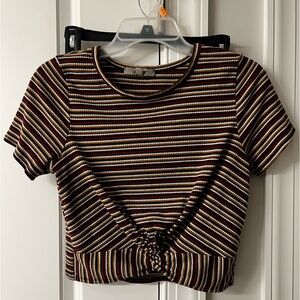 Gaze Red, Black, White, & Gold Striped Twist-front Crop-top